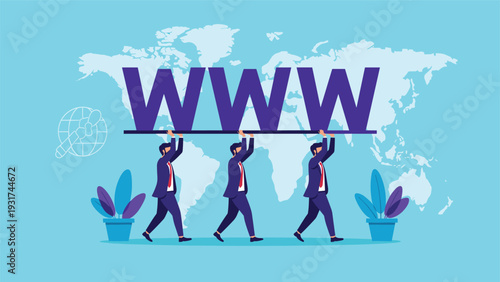 Collaborative group of businessmen carries large purple letters for worldwide web against a map of world continents.