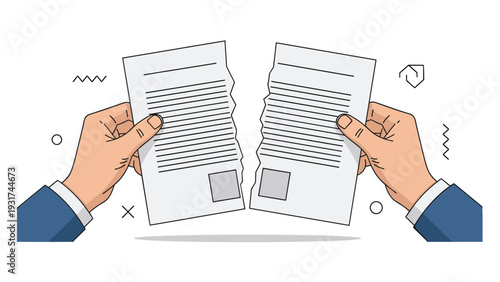 Pair of hands tearing a white paper contract document apart to represent cancellation or termination of business deal.