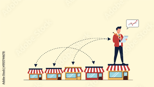 Entrepreneurial franchise owner stands on top of flagship store and manages network of smaller retail shops with growth arrows.