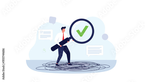 Meticulous professional uses large magnifying glass to find positive results and green check marks among a mess of lines.