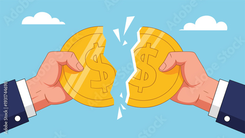 Powerful corporate hands pull apart a gold dollar coin representing currency devaluation or division of business assets.