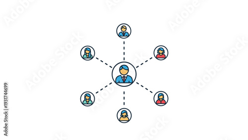Centralized corporate network diagram shows interconnected people icons linked to one main leader or manager in a circle.