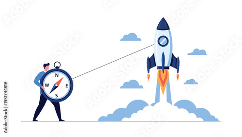 Successful visionary businessman holds a compass to guide a blue rocket ship as it launches towards new business goals.