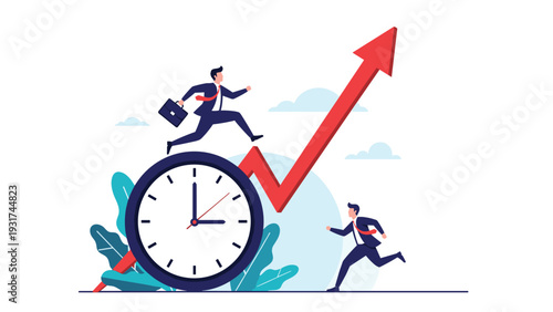 Professional businessman with briefcase runs along upward red arrow across large clock face for time management and growth concept.