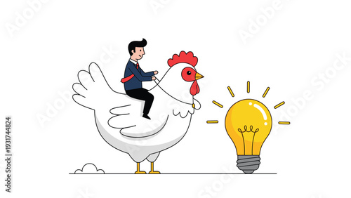 Ambitious creative professional rides a giant white chicken towards a glowing lightbulb to find unique business ideas.