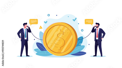 Two corporate businessmen communicate using tin can telephones over massive gold dollar coin for financial discussion and news.