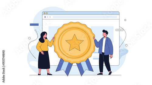 Diverse business team holds giant gold medal with star against backdrop of internet browser window for online achievement award.