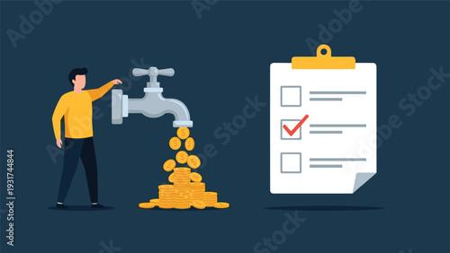 Casual man turns valve on large faucet releasing stream of gold coins into pile next to checklist for financial task management.