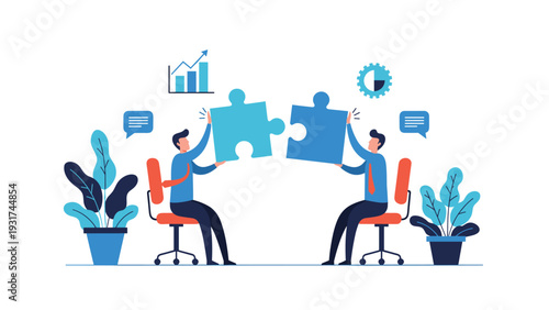 Two business professionals in blue shirts sit in red chairs joining giant puzzle pieces to form complete solution and collaboration.