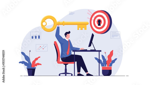 Businessman works at office desk holding massive gold key above head toward target board with keyhole for solution and access.