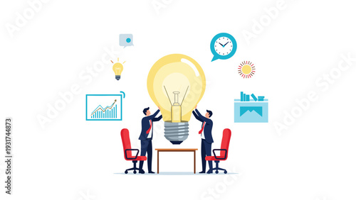 Two businessmen in formal suits work together to lift giant glowing light bulb above conference table for team innovation and ideas.