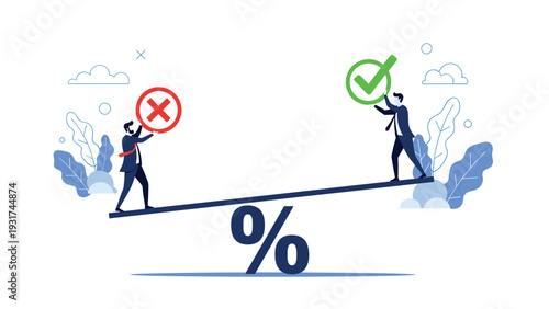 Two business professionals balance on large percentage sign seesaw while holding red cross and green check icons for decision making.