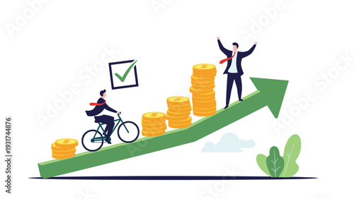 Businessman on bicycle rides up steep upward green arrow toward successful man celebrating at top among stacks of gold coins.