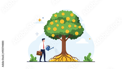 Professional businessman in white shirt waters money tree with gold coins on branches and roots for long term investment growth.