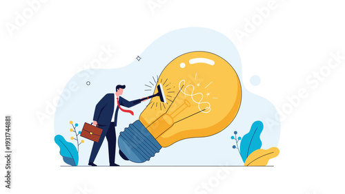 Determined businessman in suit cleans huge glowing light bulb using window squeegee representing idea refinement and strategy.