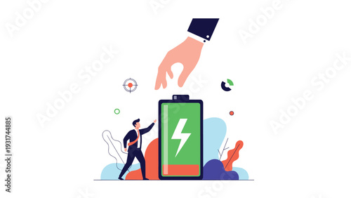 Giant hand reaches toward large battery with green charging level while small businessman walks alongside for energy and power.