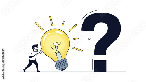 Determined man in shirt and tie pushes giant glowing light bulb toward large dark question mark for problem solving and answer.