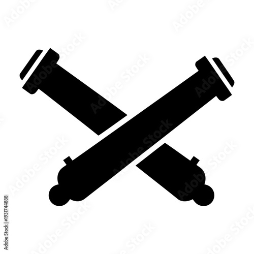 Crossed cannons silhouette icon representing military artillery and historical warfare in a minimalist black vector design