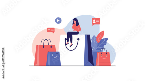 Woman sitting on giant white shopping bag uses her laptop while surrounded by smaller blue and red bags for online shopping concept.