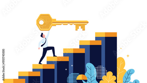 Ambitious businessman walks up steps of rising bar chart while holding massive gold key for access to success and growth concept.
