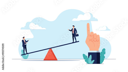 Giant hand in suit sleeve points at successful businessman standing higher on seesaw while another man watches from lower end.
