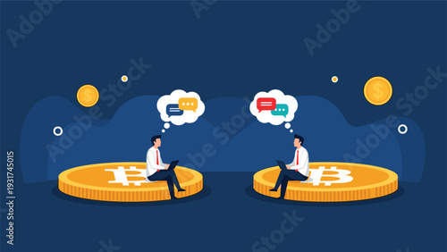 Two business professionals sitting on giant bitcoin coins engage in digital communication via laptops against a dark background.