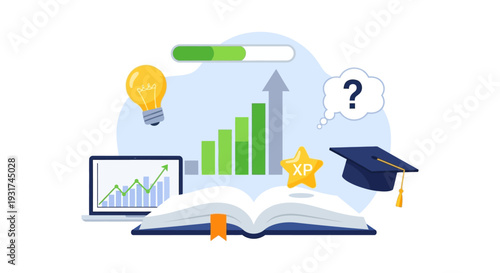 E-learning Success and Skill Development Progress Illustration. Knowledge growth, experience points (XP), graduation cap, and rising statistical graph.