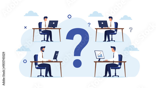 Group of employees working at their desks with a massive question mark icon in the middle representing uncertainty or inquiry.