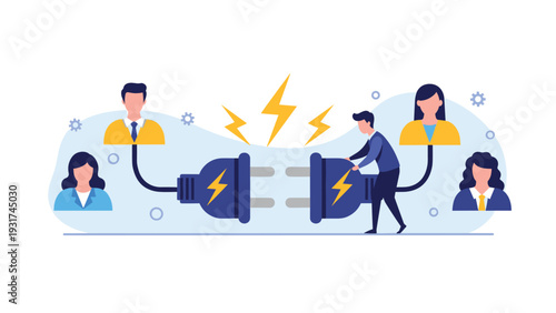 Professional businessman works to connect two large blue electric plugs that link different people together for networking.