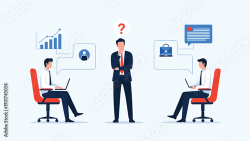 Thoughtful businessman stands between two employees working on laptops with different data icons for complex decision making.