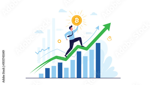 Ambitious investor running up a rising bar graph while holding a large bitcoin coin symbolizing rapid cryptocurrency market growth.