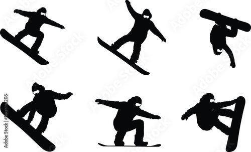 Snowboarder silhouette vector set, cad drawing flat vector illustration, winter sports action poses, freestyle snowboarding stunts isolated on white background.