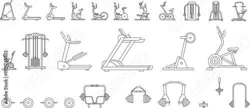 Gym Equipment Collection Vector Fitness Machines Treadmill Bicycle Weights Isolated Outline Illustration Design