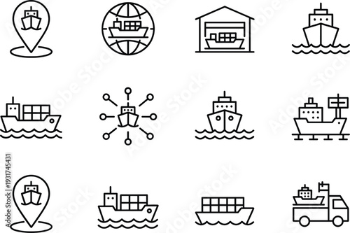 Cargo shipping and maritime logistics line icons set with container ship port tracking global transport vector illustration collection