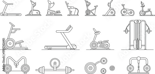 Gym Equipment Set Vector Fitness Machines Treadmill Bicycle Weights Isolated Outline Icons Illustration Design