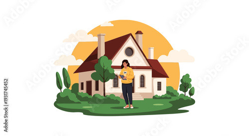 Real Estate Agent Woman Holding Tablet for Home Inspection or Property Appraisal. Female Realtor Outside Classic Suburban House Vector Illustration.