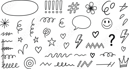 Hand drawn doodle symbols collection with speech bubble hearts stars lightning swirl lines and decorative sketch elements isolated on white background