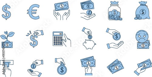 Money and Finance Thin Line Icons Set with Dollar Euro Cash Piggy Bank Investment Savings and Payment Symbols Vector Collection