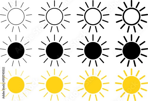 Sun icon set with various line weights and yellow color variations