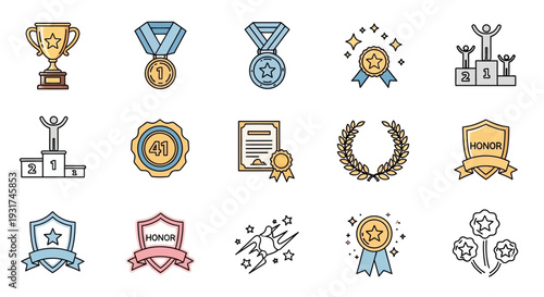 Collection of colorful award and achievement icons including trophies, medals, certificates, and ribbons on a white background.