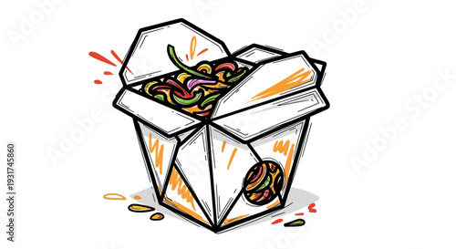 A hand-drawn illustration of an open white Chinese takeout box filled with colorful noodles and vegetables, with orange accents and splatters.