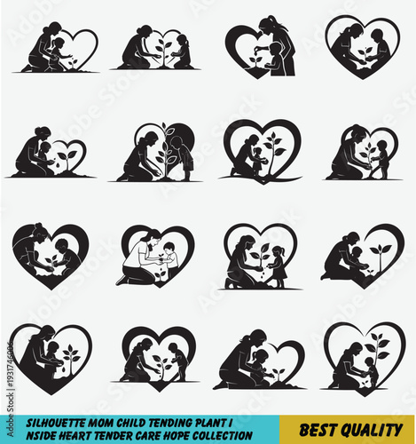 Heart frame mother baby planting sapling silhouette family love eco bonding set vector mother day special
