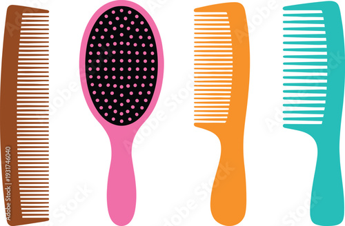 Set of colorful hair combs and brush isolated on white background flat vector illustration for beauty salon and personal care