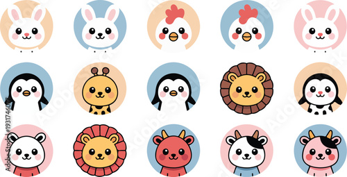 Cute Farm and Zoo Animal Avatar Icon Set Featuring Rabbit Chicken Penguin Giraffe Lion and Cow in Flat Cartoon Style