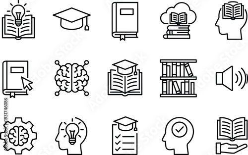 Education and e learning line icons set with books graduation cap brain library knowledge concept vector illustration collection