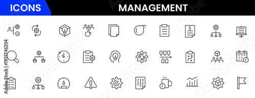 Management icon set. Contains such icons as schedule, human resource, management, development, planning, strategy, and more. Time management and planning concept