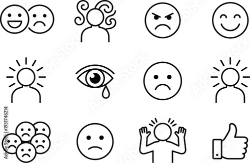Emotions and facial expression line icons set with happy sad angry stress crying feedback vector illustration collection