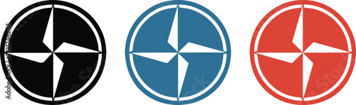 Colorful compass star navigation badge vector icons representing direction guide travel map symbol and location interface design