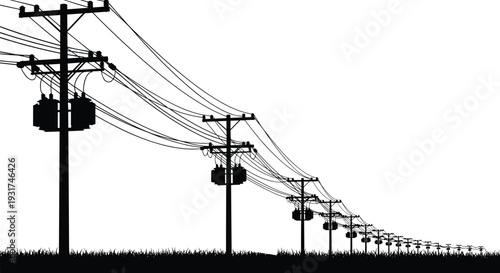 Electric power line poles with transformers and overhead cables silhouette stretching into distance isolated on white background electricity transmission infrastructure vector illustration