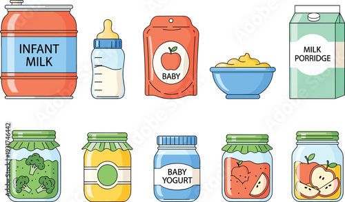 Infant Nutrition and Baby Food Product Set Featuring Formula Milk Puree Jars and Porridge for Parenting and Pediatric Healthcare Design